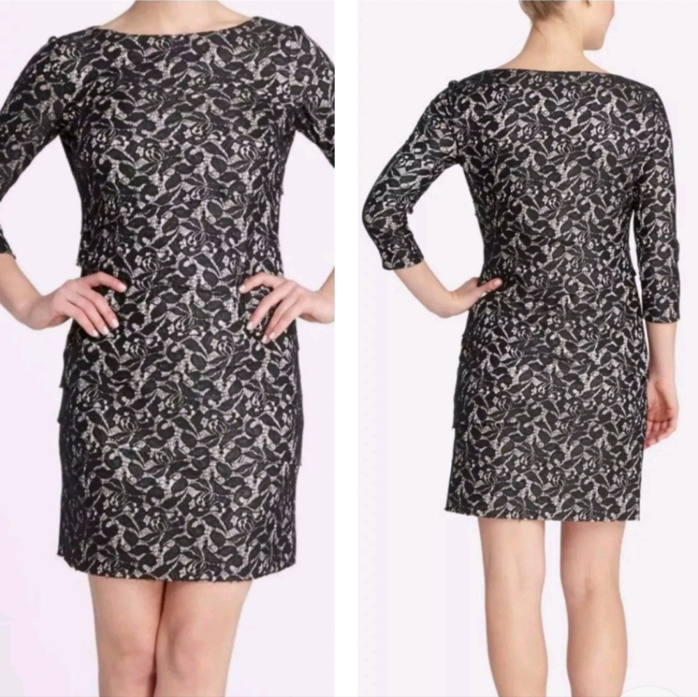 Tahari 5120M312 Tracey Black/Taupe Bonded Stretch Floral Lace Tiered Dress Sz 14